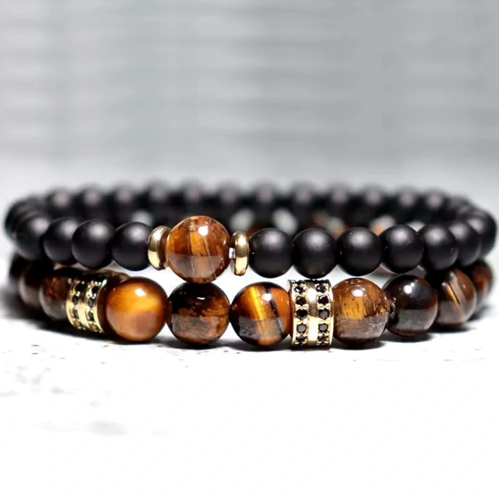 2Pcs Men Bracelet Set Natural Tiger eye Beads Stone Bracelet